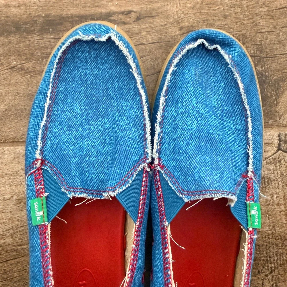Sanuk Women's Cabrio Breeze Hemp Frayed Slip-On Loafers, Blue Red ,9